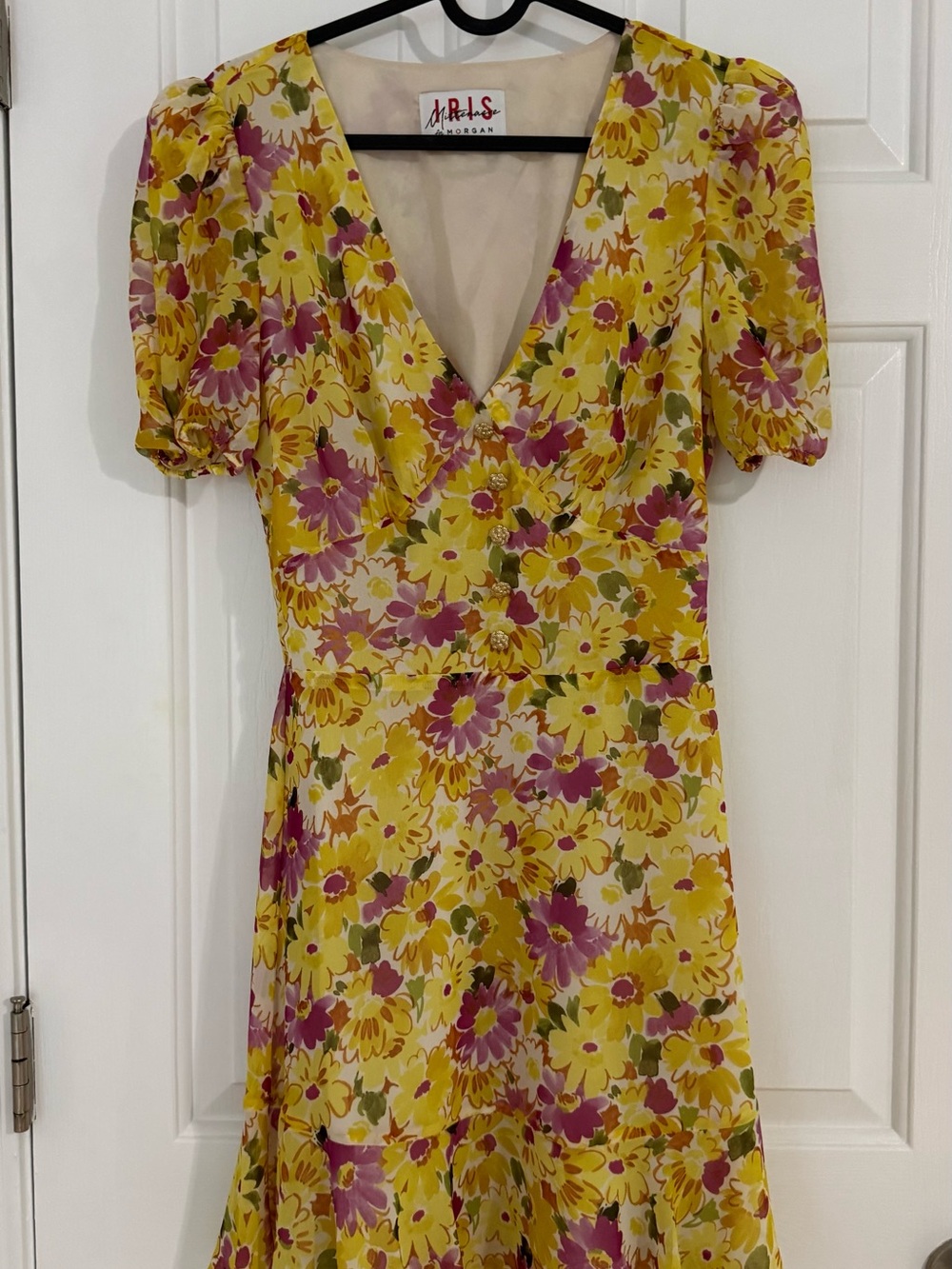 Morgan de Toi Yellow & Pink Floral V-Neck Midi Dress